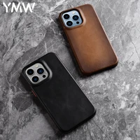 ymw handmade genuine leather case for iphone 13 pro max 12 mini 11 luxury business retro oil wax cowhide phone cases cover