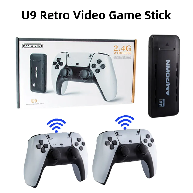 Retro Video Games Console Ampown U9 4K HD Output Game Stick 2.4G Wireless Controller 64G 10000Games 20Simulators TV Console