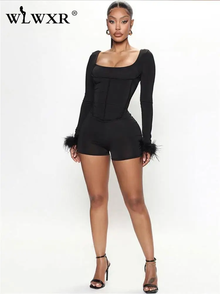 

Уличные черные комбинезоны WLWXR с перьями, летняя одежда для женщин 2023, комбинезон с длинным рукавом и открытой спиной, Женский Повседневный Комбинезон