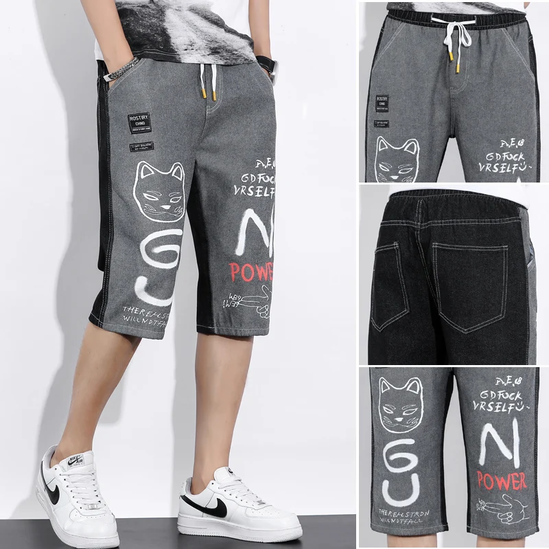

2022 New Men's Fashion Short Jeans Korean Style Casual Half Length Pants Print Drawstring Outdoor Daily Classical Man Trousers