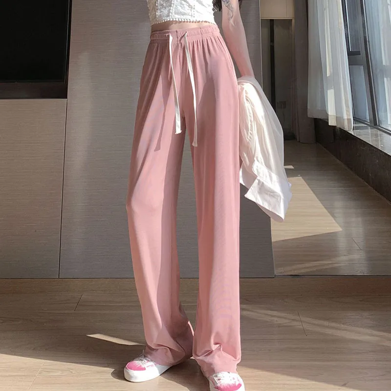 2023 Ice Silk Wide-Leg Pants Summer Thin Pleat Loose Straight Pants Office Lady Casual Drawstring Long Trousers Cool Sweatpants