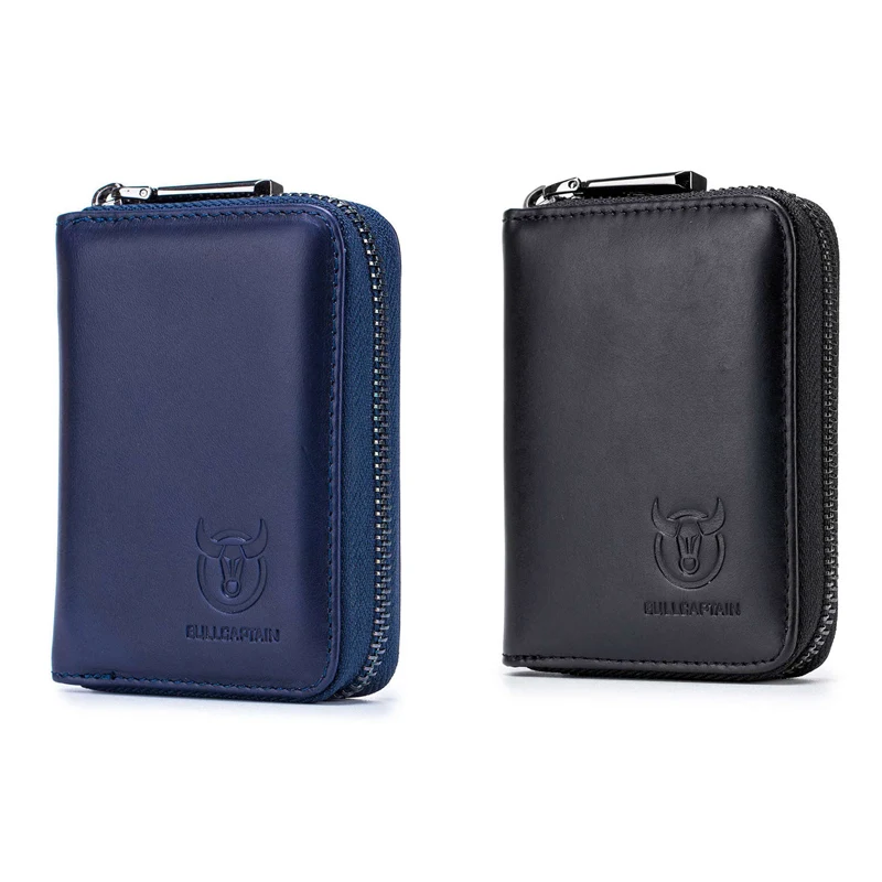 

BULLCAPTAIN 2 Pcs Leather Men Wallet Card Pack Zipper Card Case Holder Credit Card Bag Coin Purse Dark Blue & Black