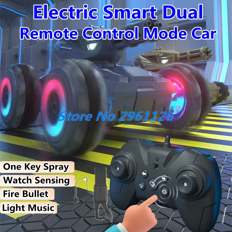 

Smart Dual Mode Watch Sensing Remote Control Truck 360 ° Rotation One Key Spray Auto Demo Fire Bullet Light Music RC Tank Car