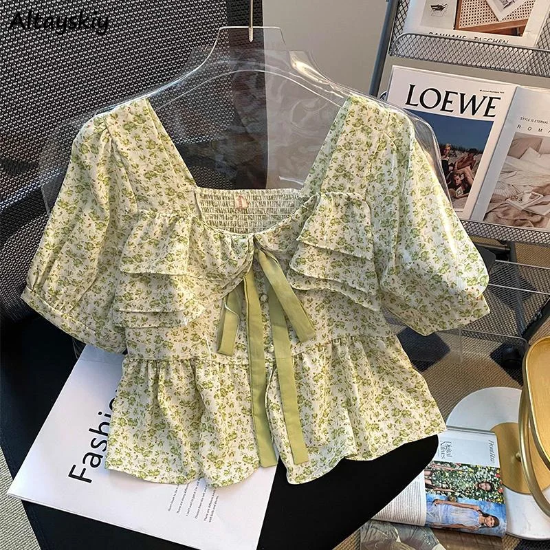 

Floral Blouses for Women Puff Sleeve Bow Design Basic All-match Daily Korean Style Fashion Crop Tops Sweet Popular Vintage Chic