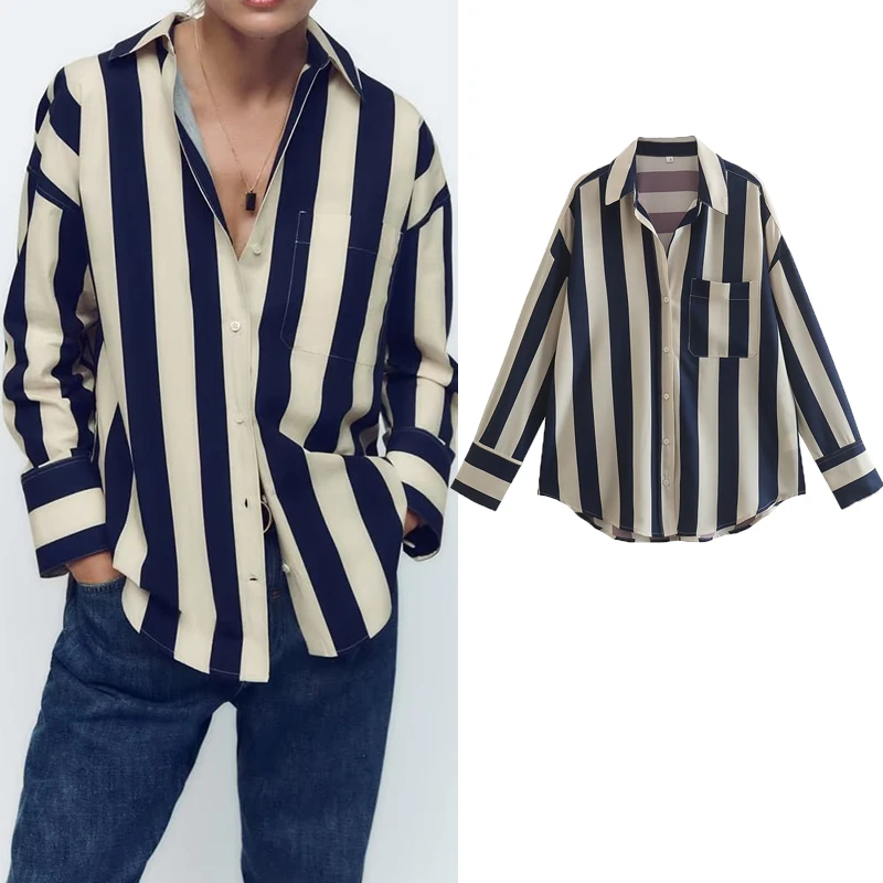 

Autumn Winter 2022 New Long-Sleeved Striped Lapel Single-Breasted Textured Shirt Loose Slim Versatile Fashion Blouse