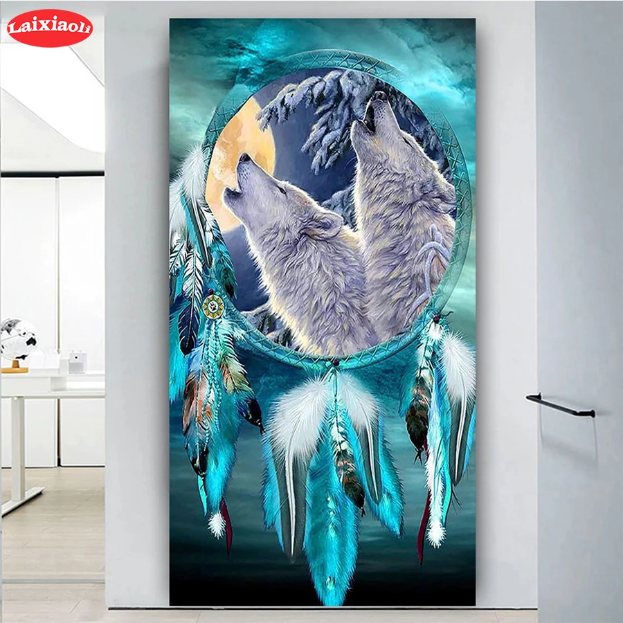 

Diamond Painting Animal Wolf Dream Catcher Feather Full Drill Square DIY Diamond Cross Stitch Mosaic round Home Decor