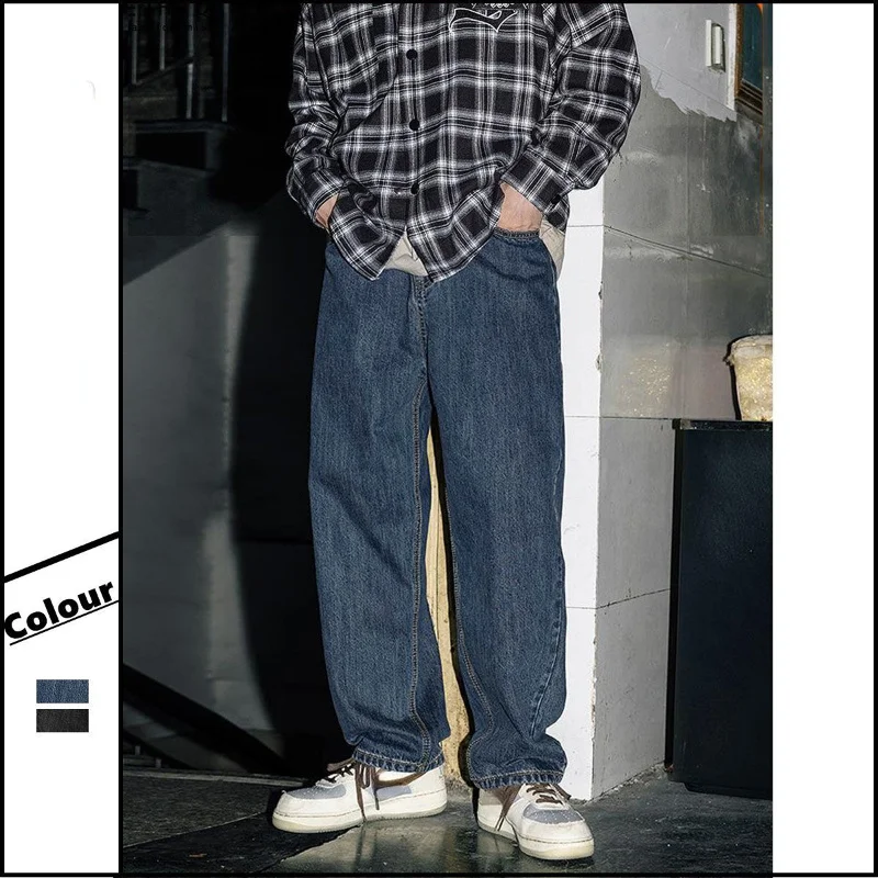 

2022 Spring Retro Washed Jeans Men's Japanese Loose Straight Pants Ins Tide Brand Fashion All-match Blue Casual Wide-leg Pants