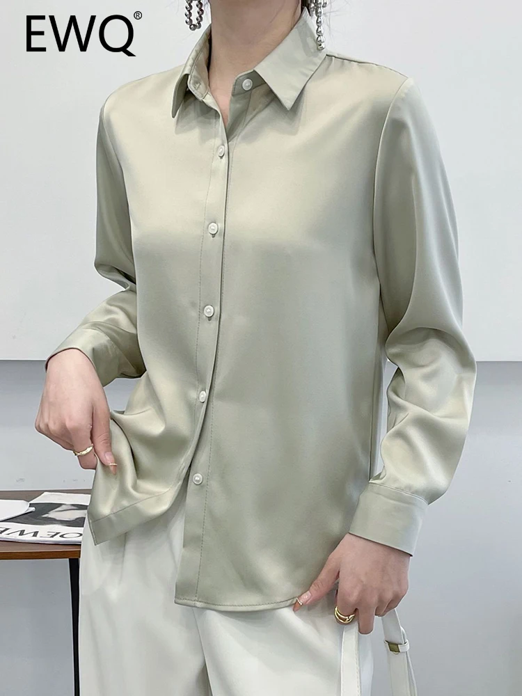 

Элегантная атласная рубашка EWQ для женщин, однотонная однобортная офисная блузка с отложным воротником и длинным рукавом, модные топы, Новинка лета 2023, 26D3810