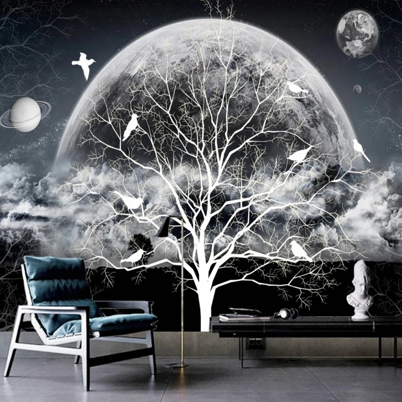 

3D-обои водонепроницаемые в стиле ретро, звездное пространство, черные, белые лунные деревья, фотообои, абстрактное искусство, Украшение стен, товары для дома