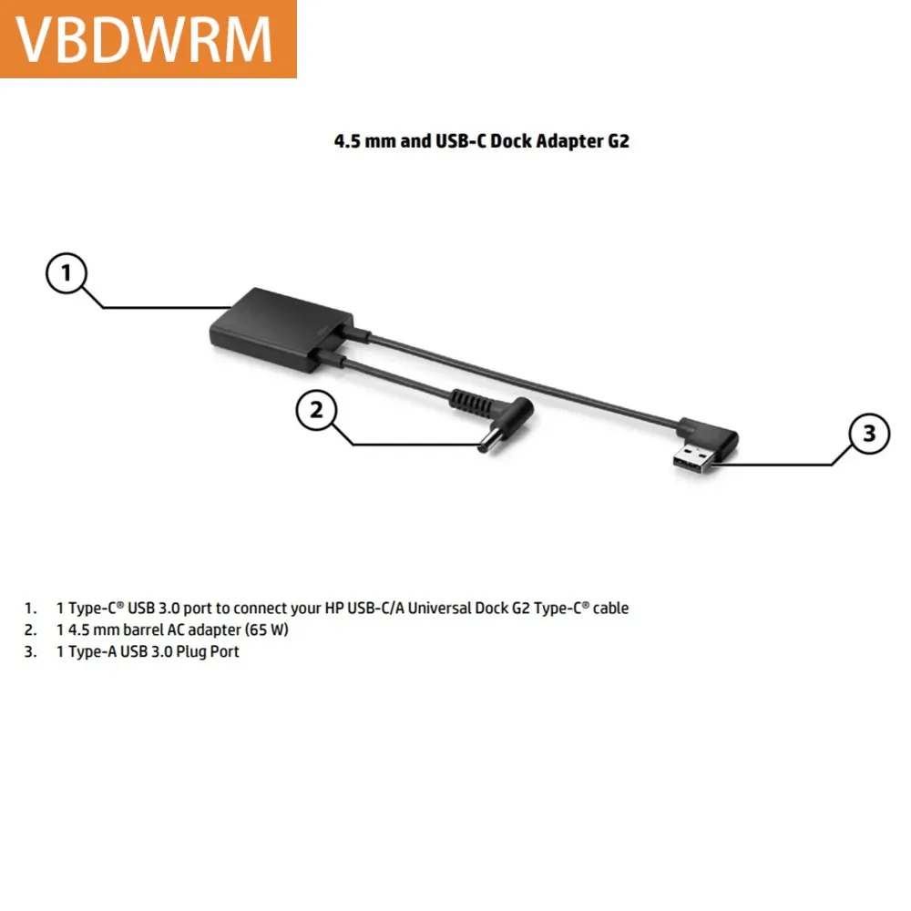 

4.5mm HP USB Dock Adapter G2 For HP USB-C/A Universal Dock USB Type-A 3.0 Plug Port Barrel AC Adapter