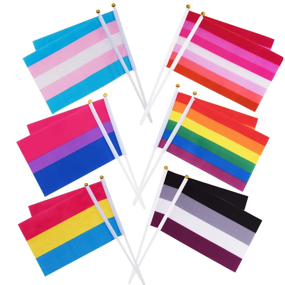 100 штук ЛГБТ-рука размахивает флагом 14x21cm Polyester Rainbow Small Flag Lesbian Gay Homexual Bisexual Pride Flag