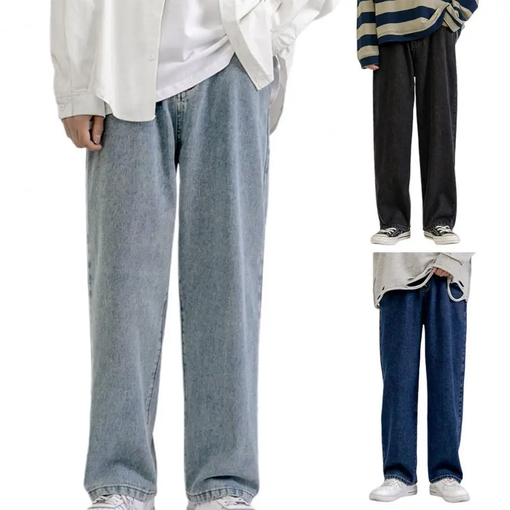 

Straight Mid Rise Men Jeans Wide Leg Solid Color Hip Hop Denim Pants Streetwear