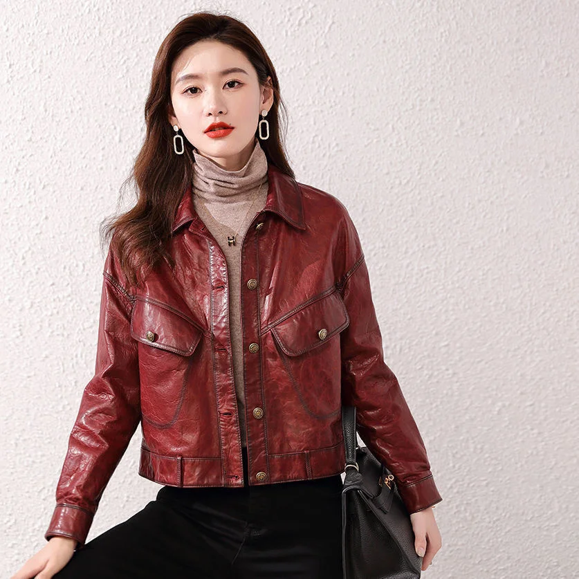 

2022 Autumn And Winter Fashion New Women's Leather Coat Short Oil Wax Sheep Skin Slim And Handsome Leather Coat Jacket
