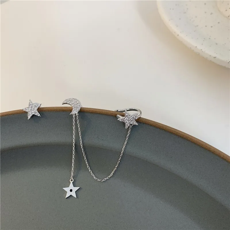 S925 Silver Set Diamond Stars Moon Asymmetrical Korean Design Ear Hang Clip Earrings for Women Romantic Gift Aretes de Mujer