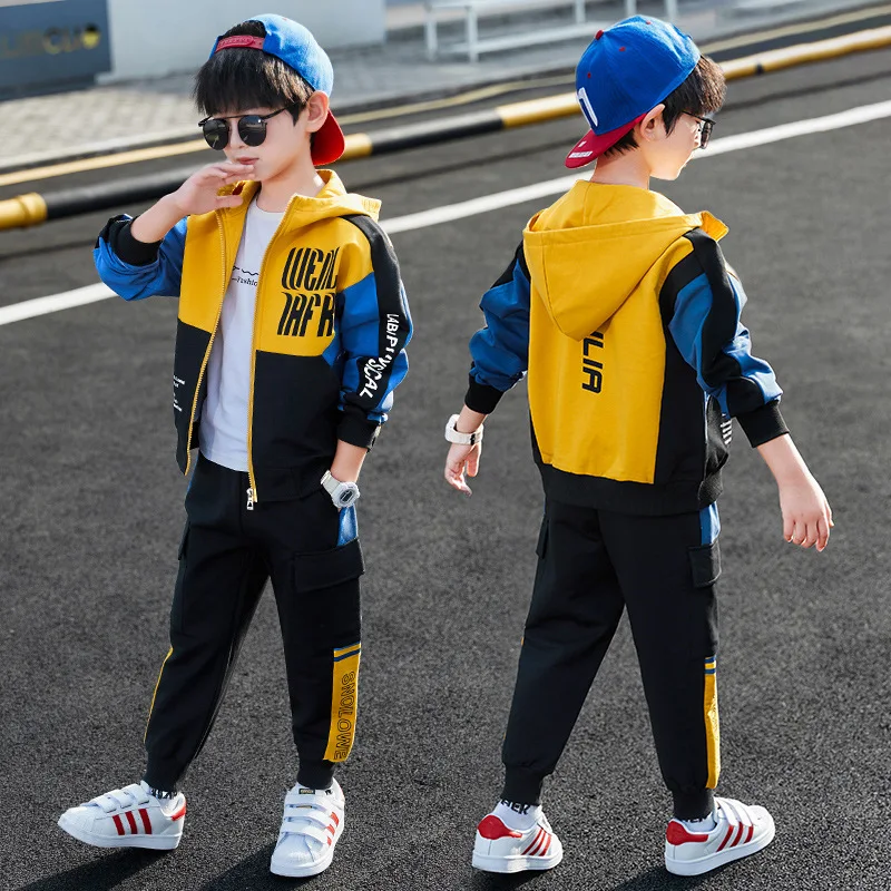 

2021 autumn winter Tracksuit Clothes Boys tracksuit Teenager Kids zipper splicing Child Fashion Hoodies + Pant 8 9 10 11 12 year