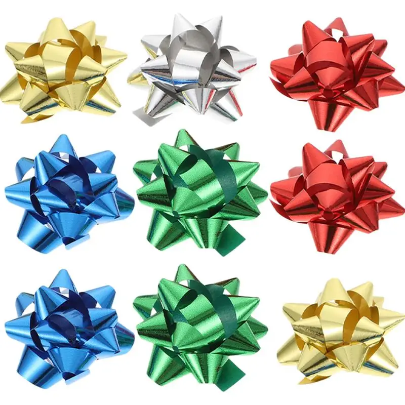 

150pcs Gift Bows Christmas Gift Wrap Decorated Star Flowers Colorful Bows Xmas Gift Wrapping Adornments Adhesive Flowers Decor