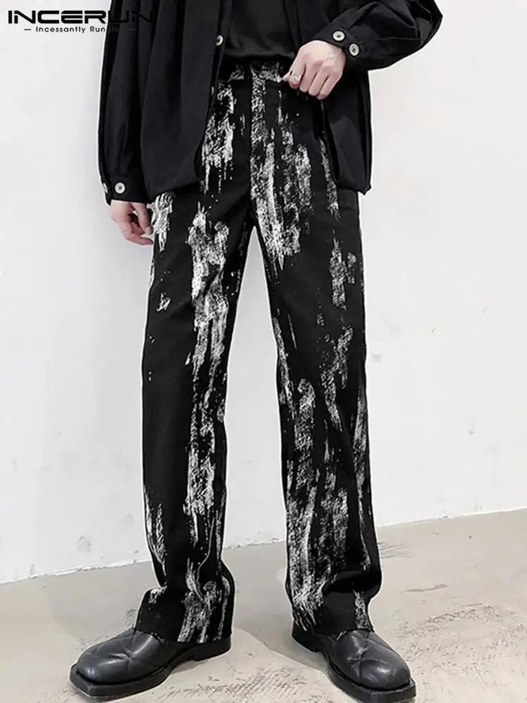 

INCERUN 2022 Korean Style Men's See-though Pantalons Ink Splash Printing Loose Fashionable Pant Straight Wide Leg Trousers S-5XL