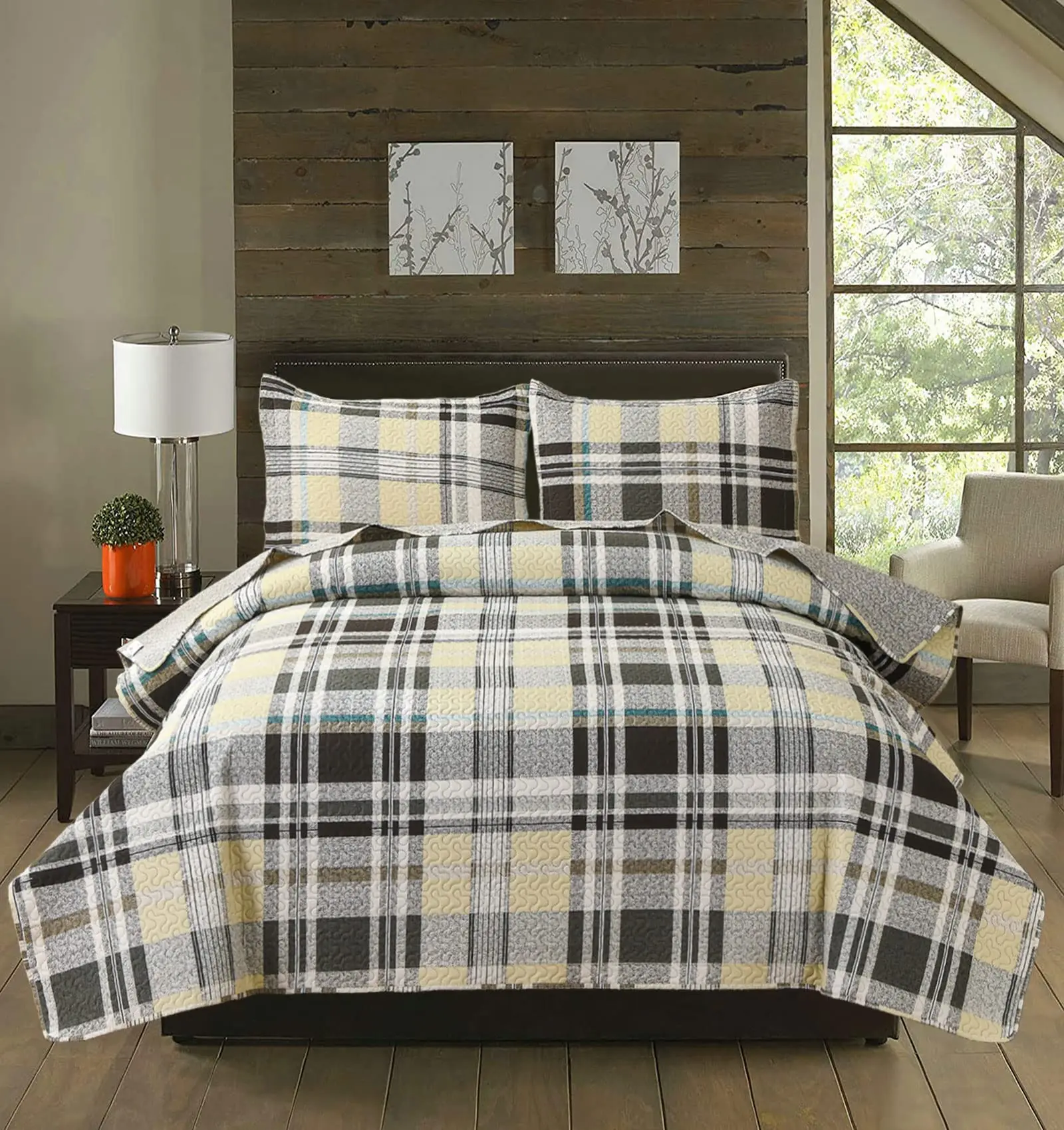 

Plaid Quilt Set King Size (96"x108") Yellow Green Modern Plaid Bedspread Tartan Reversible Bed Cover Sets Lightweight Quilted