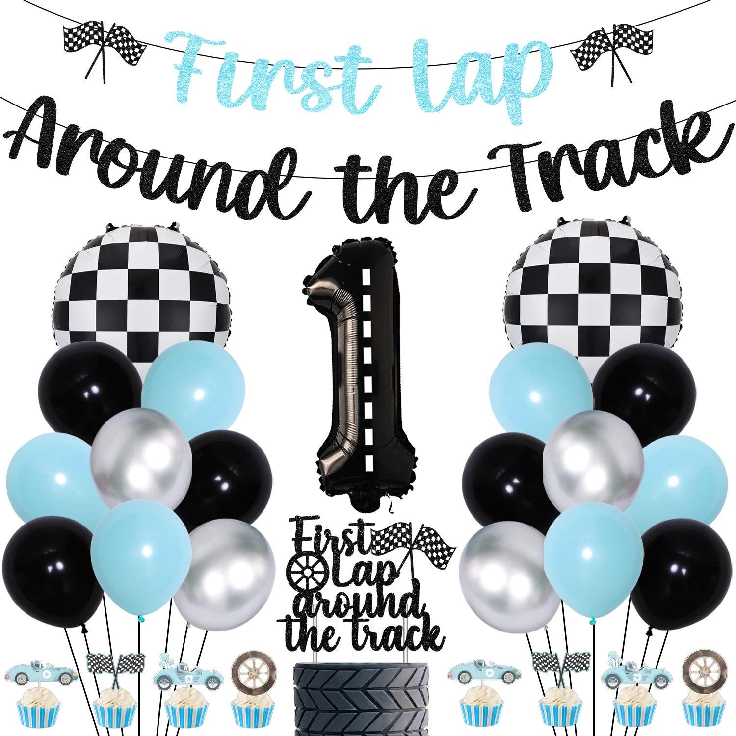 

Race Car 1st Birthday Decorations for Boys First Lap Around The Track Banner & Cake Topper Racing Theme Number 1 Balloons Kit