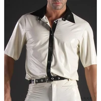 handmade mens white fetish latex jacket top rubber short sleeve mens latex shirt turn down collar