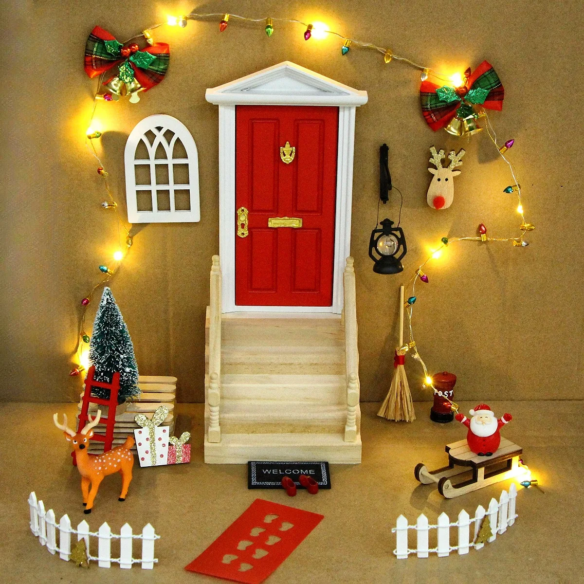 

Dollhouse Miniature Wooden Red Fairy Tooth Elf Gnome Tiny Door Warm White LED String Lights Christmas Bells BowKnot Ladder