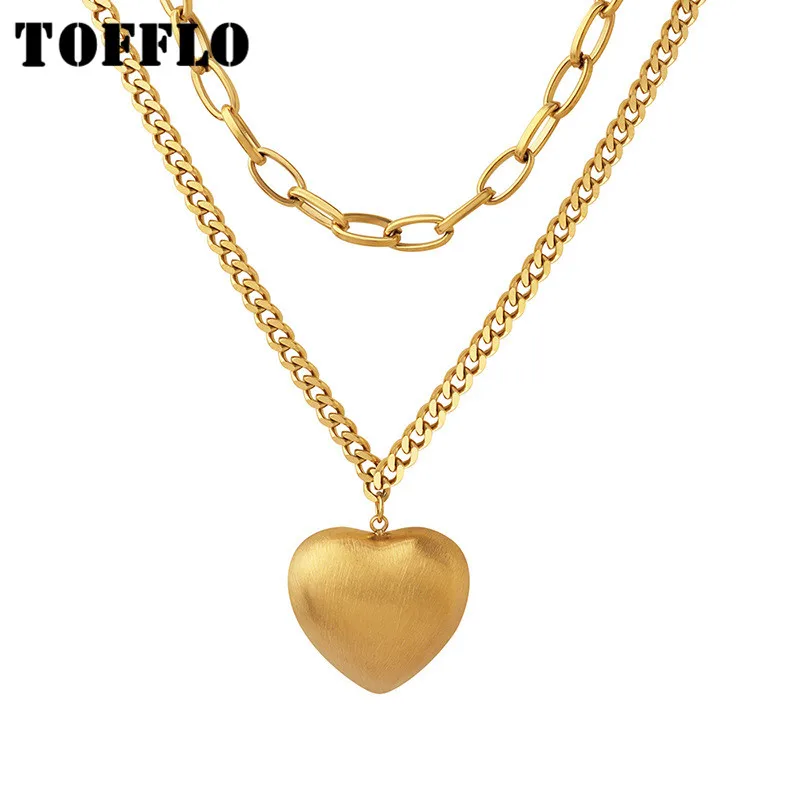 

TOFFLO Stainless Steel Jewelry Frosted Heart Shaped Love Pendant Double Layered Necklace Girls Fashion Sweater Chain BSP650