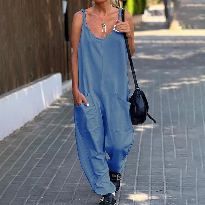 Plus Size 2023 Women Loose Casual Bib Overalls Cotton Linen Rompers Fashion Pockets Long Jumpsuits Wide Leg Strappy Dungarees