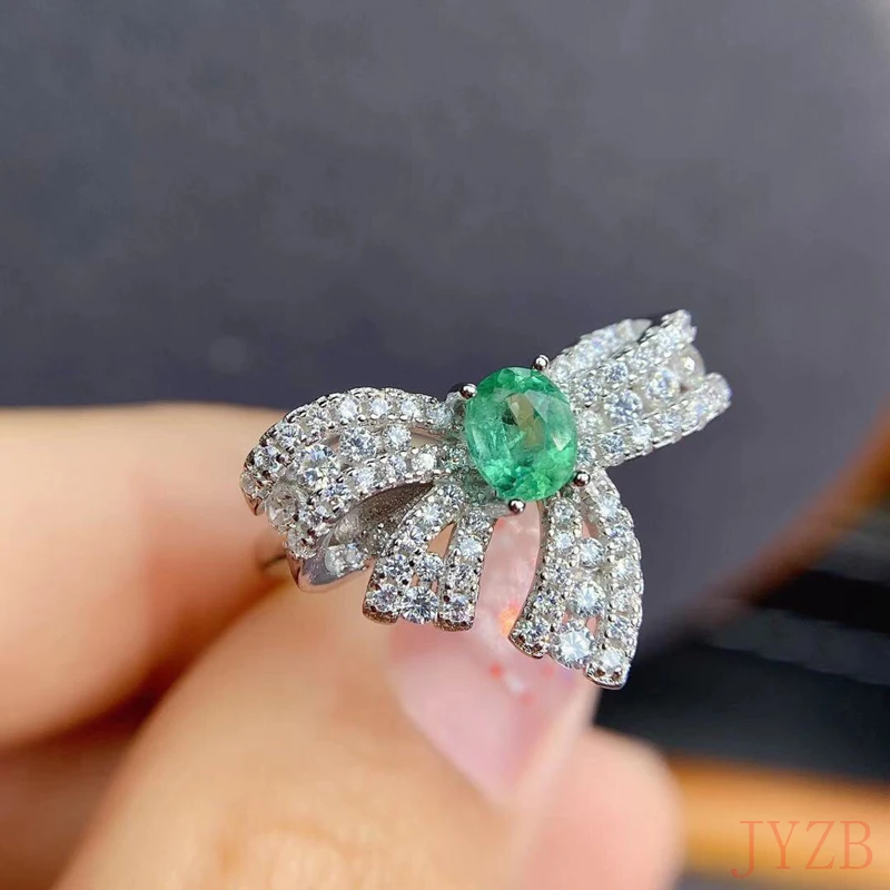 

High sense of natural emerald ring European and American fashion trend bow ring 925 silver light luxury jewelry
