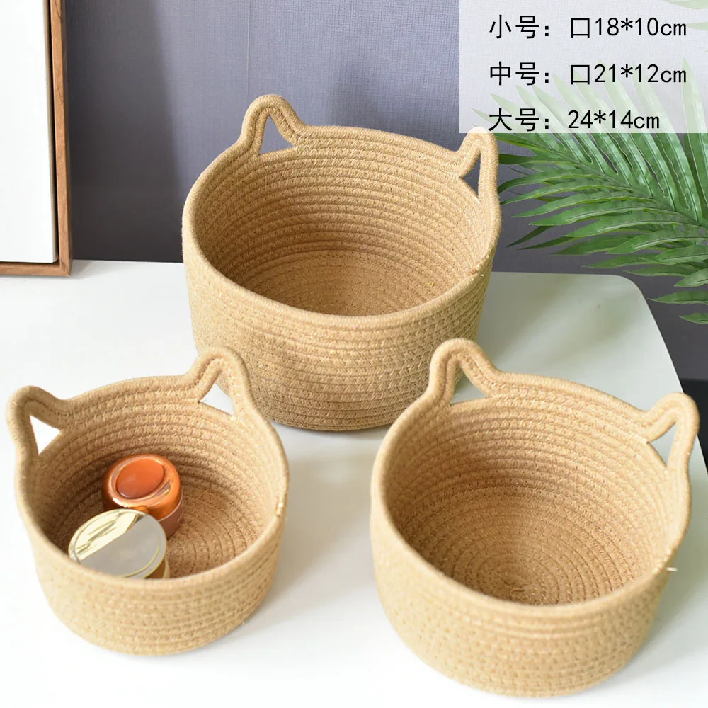 

Cat Ear Round Storage Basket for Sundries Cute Cotton Rope Weave Storage Basket for Food Drinks Storage Accessories