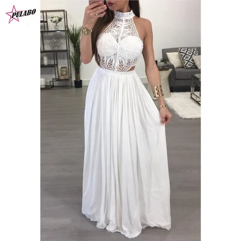 

Fashion Women Dress Sexy Ladies Sleeveless Lace Long Bodycon Women Formal Wedding Ball Gown Party Halter Sequin Maxi Dress