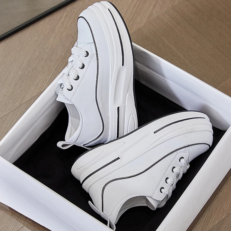 2023 7cm Genuine Leather High Brand Autumn Spring Chunky Sneakers Females Casual Ladies Vulcanize Women Platform Designer Shoes