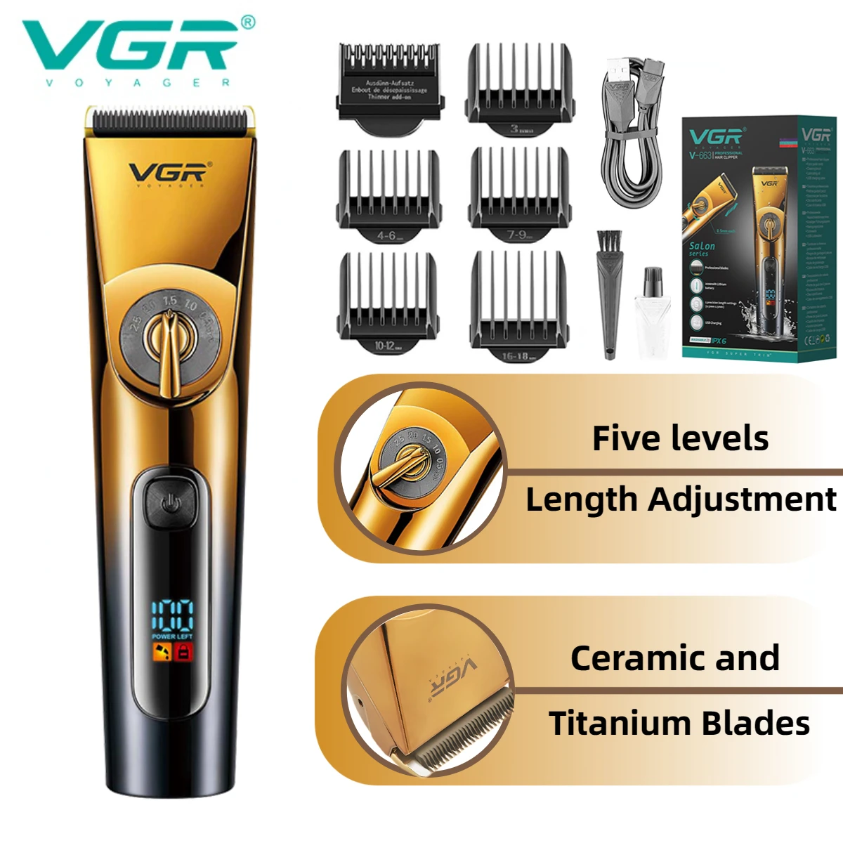 

VGR Professional Barber Hair Clipper Electric Hair Trimmer IPX6 Waterproof Haircuts Machine LED Display Mens Hair Trimmer V-663