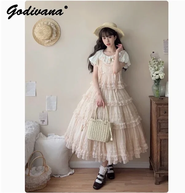 Женское милое розовое сетчатое кружевное многослойное длинное платье в горошек