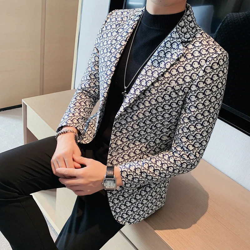 

2022 Gentleman Blazers Men Blue Patterning Printed Suit Jacket Casual Coat Prom Singer Concert Stage Costume Winter Size S-5XL