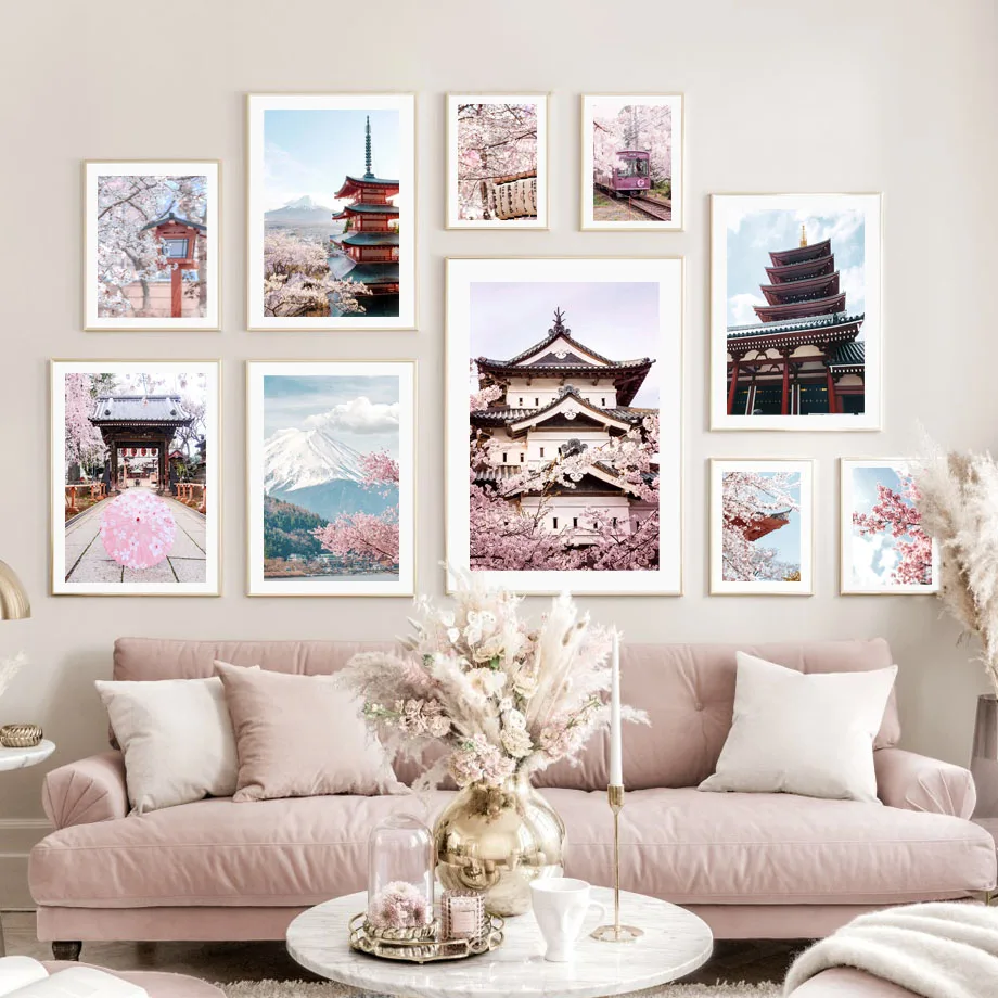 

Японская Скандинавская настенная Картина на холсте с изображением замка Сакура и дужек, Фудзи, фонаря, фонаря, постеры и принты для декора г...