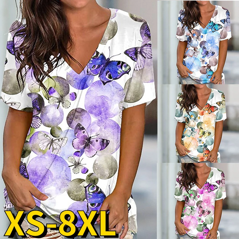 

2022 Ladies Butterfly 3 D Printing T-Shirt Summer Casual V-neck Short Sleeve Fashion Loose Pullover New Ladies Streetwear Tops