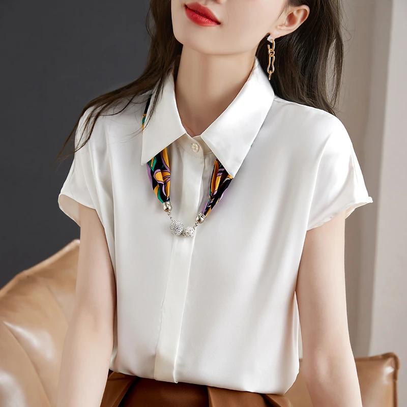 

Chiffon Shirt for Women Summer 2023 New In Solid Casual Blouses Loose Fashionable White Short Sleeve Top Turn-down Collar