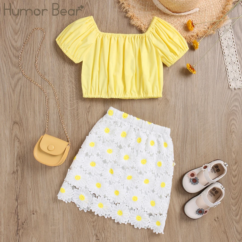 

Humor Bear Girls Clothes Sets Summer Short Sleeve Top + Floral Patchwork Skirt 2Pcs Sweet Toddler Kids Cloth