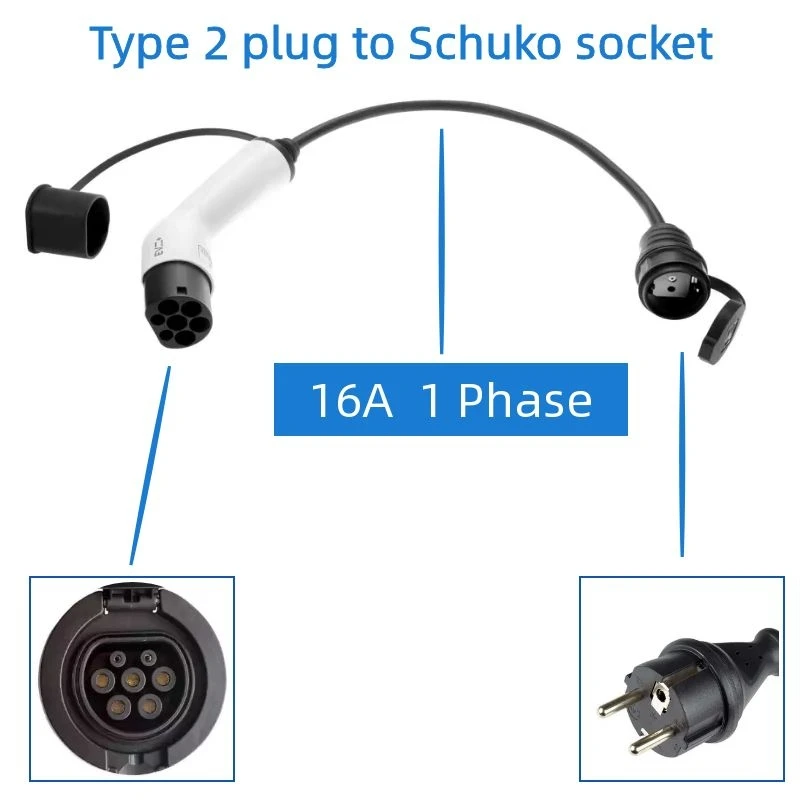 

EV Connector EV Charging Adapter Type 2 Male Plug to Schuko socket 16A Single Phase and 0.5 Meters Cable For Portable EV Charger