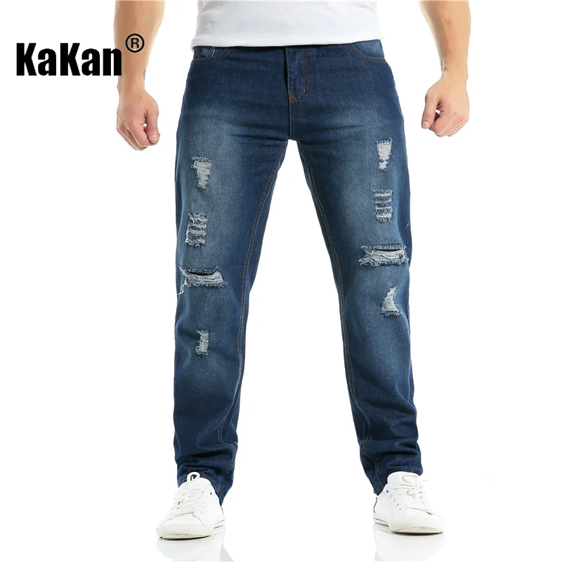 Kakan - New Vintage Distressed Deep Blue Jeans From Europe and America, Men's Wear, Distressed Washed Casual Jeans K35-F112