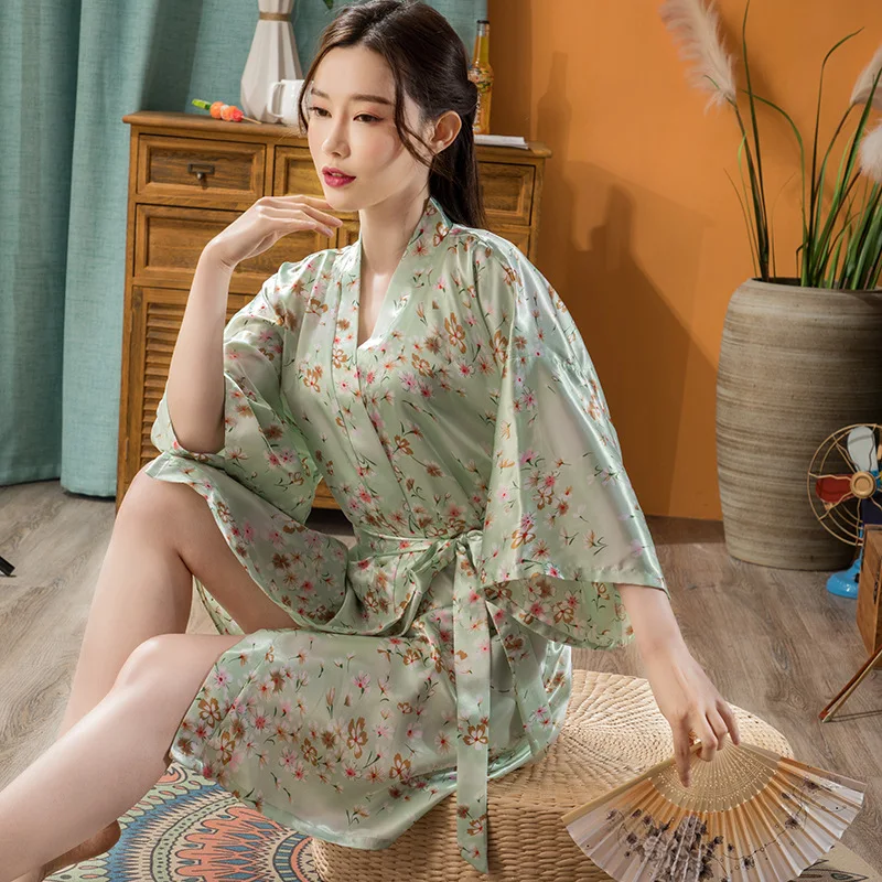 Women Nightgown Short Sleep Top Simulated Silk Pajamas Set Thin Cardigan Loose Bathrobe Printing Fashion Sexy New
