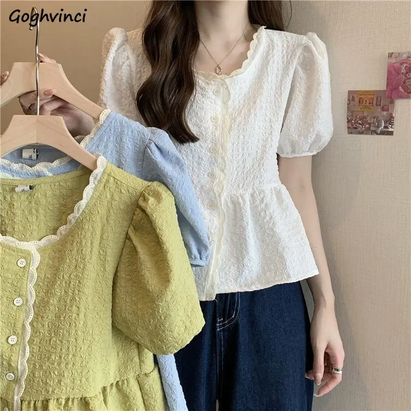 

Women Shirts Design Summer Sweet Simple Solid Fashion Puff Sleeve O-neck Daily Leisure All-match Folds Cozy Elegant Korean Style