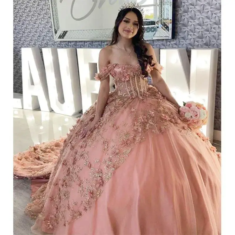 Розовые бальные платья Quinceanera аппликация 3D цветок платье для дня рождения