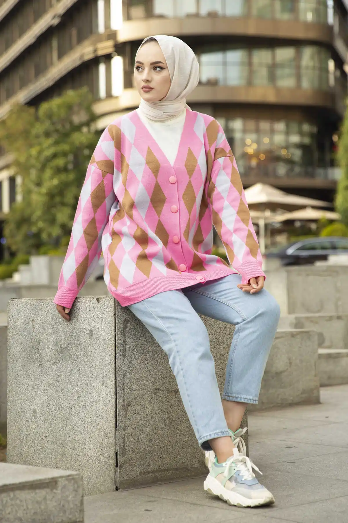 Lozenge Pattern Hijab Cardigan Pink Winter Autumn 2021 Muslim Women Hijab headscarf islamic Turkey