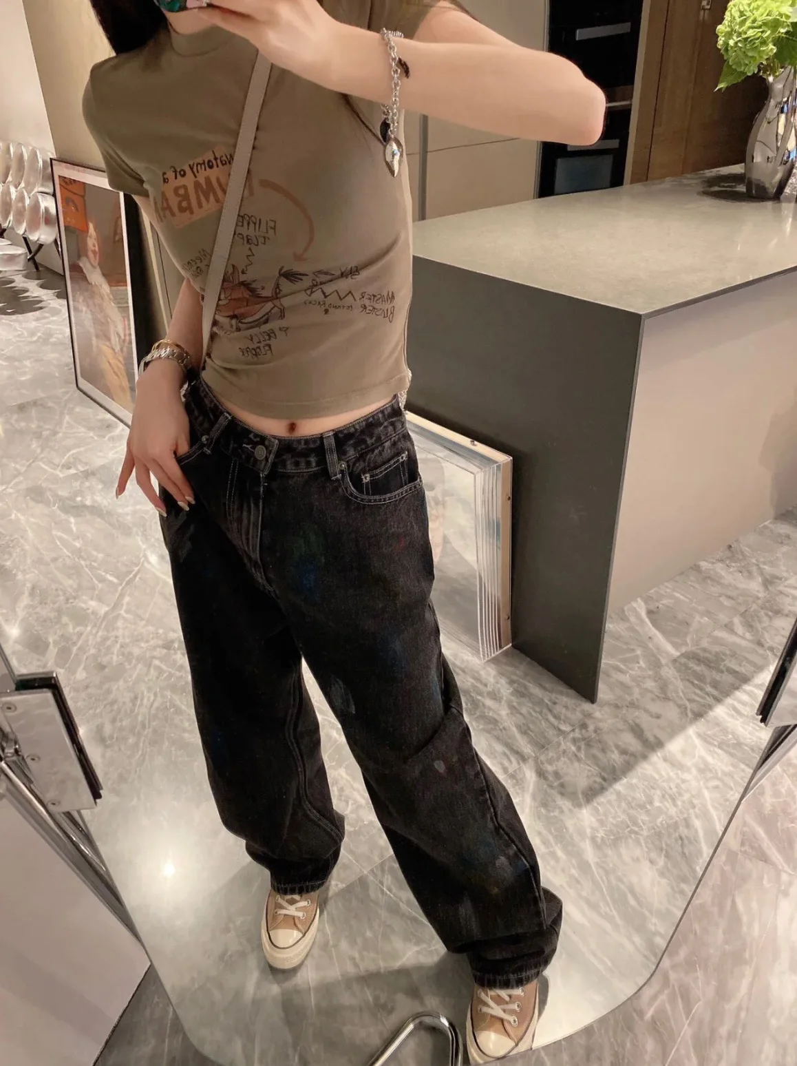 margiela neutral jeans women mm6 colorful splatter dot silhouette washed and aged loose straight jeans men oversized