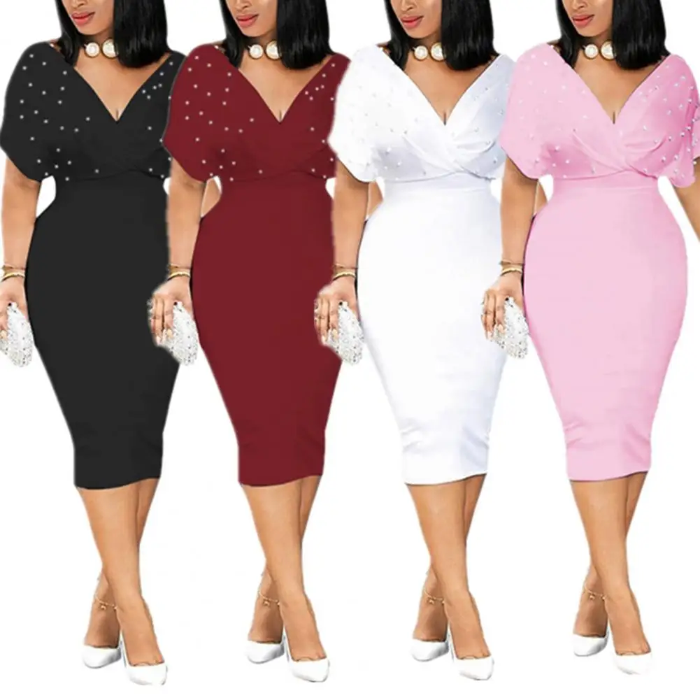 

Woemn Evening Dress Bat Shape V-neck Back Zipper Pencil Dress Slim Fit Back Zipper Bodycon Dress