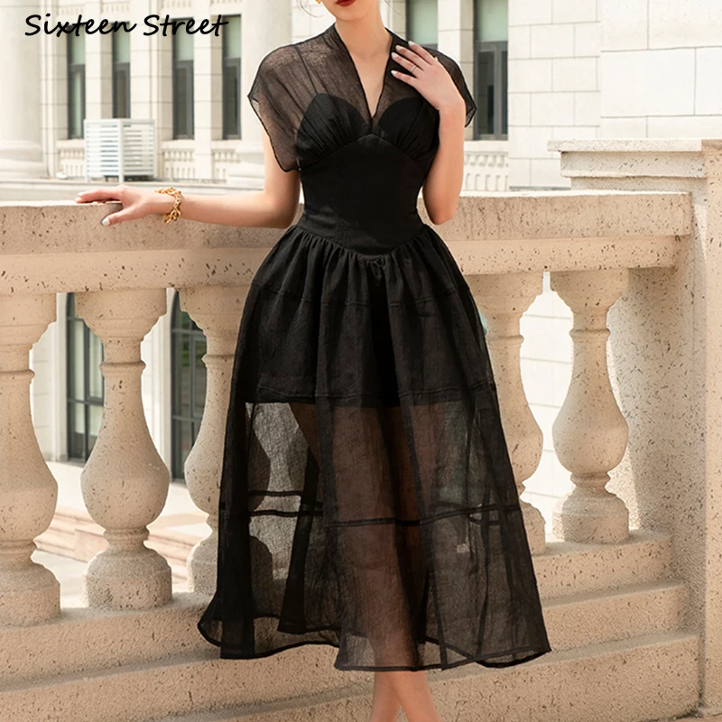

Black Organza Dress Women Vintage 2023 Summer Flying Sleeve Elegant Bodycon Dress Vacation Patchwork Long Vestidos White Runway