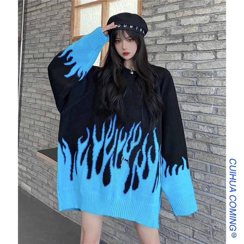 Свитер женский уличная одежда ретро пламенный узор хип-хоп осень пуловер из