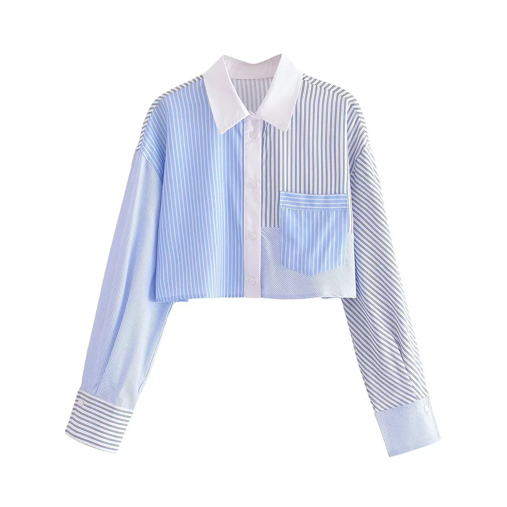 

PB & ZA Women 2023 Summer New Fashion Striped Shirt Long Sleeve Chic Patchwork Pocket Single Breasted Top Mujer Blouses