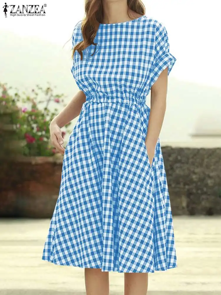 

Summer Elegant Plaid Checked Dress ZANZEA Women Short Sleeve Holiday Party Sundress Elastic Waist Robe Femme Vintage Vestidos